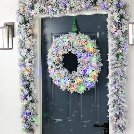 Glitzhome&reg; 24"D Pre-Lit Snow Flocked Greenery Pine Christmas Wreath, Multicolor LED Lights and Timer {4}