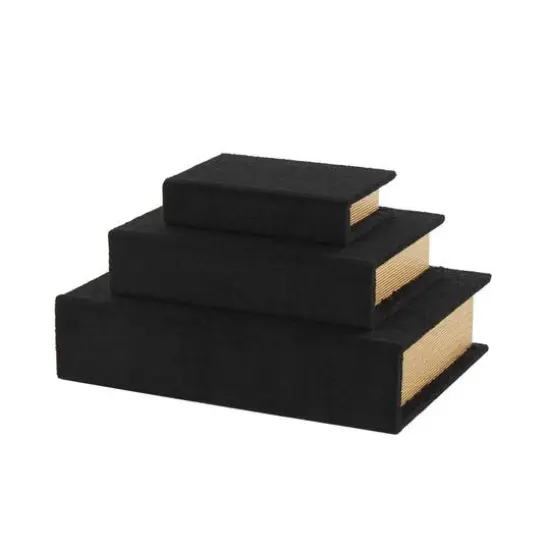 Black Velvet Textured Decorative Book Box with Gold Page Detailing, 3ct. {4}