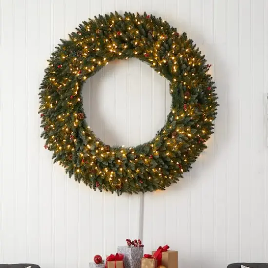 5ft. Clear LED Lights Flocked Artificial Christmas Wreath With Pinecones & Berries {5}