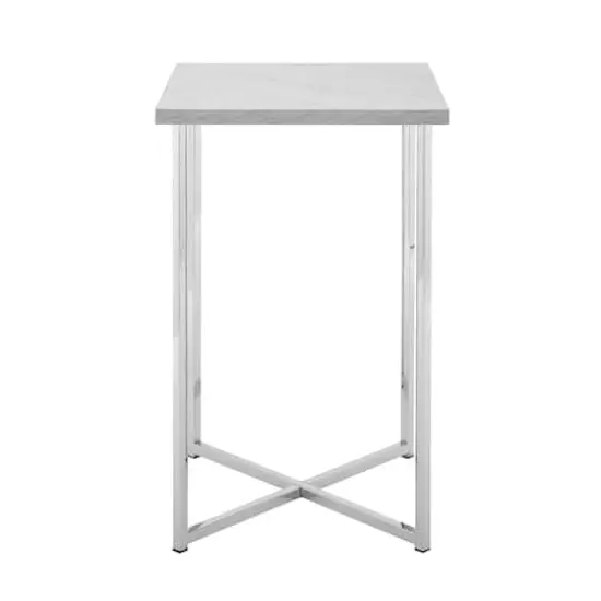Walker Edison Luxe Modern Glam Square Side Table Faux White Marble/Chrome {4}