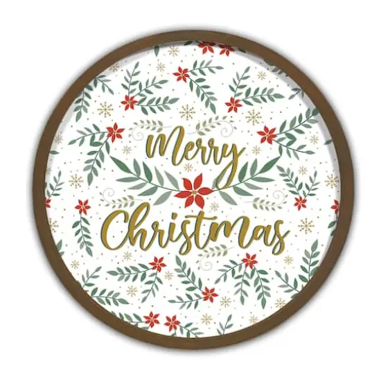 Merry Christmas Botanical Round Wall Art in Brown Frame {1}