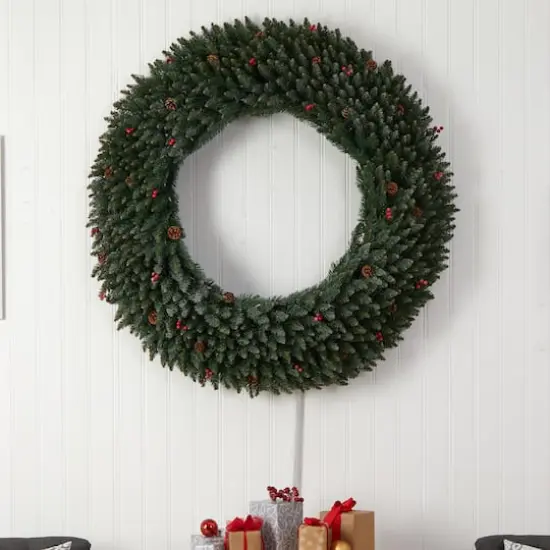 5ft. Clear LED Lights Flocked Artificial Christmas Wreath With Pinecones & Berries {6}