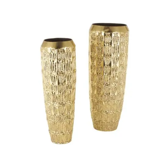 Gold Metal Tall Vase with Grooved Patterns Set {3}