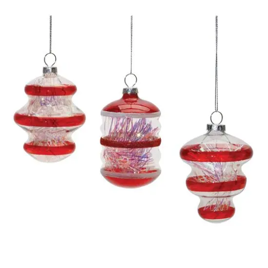 Red Finial with Tinsel Filling Glass Ornaments Set {7}