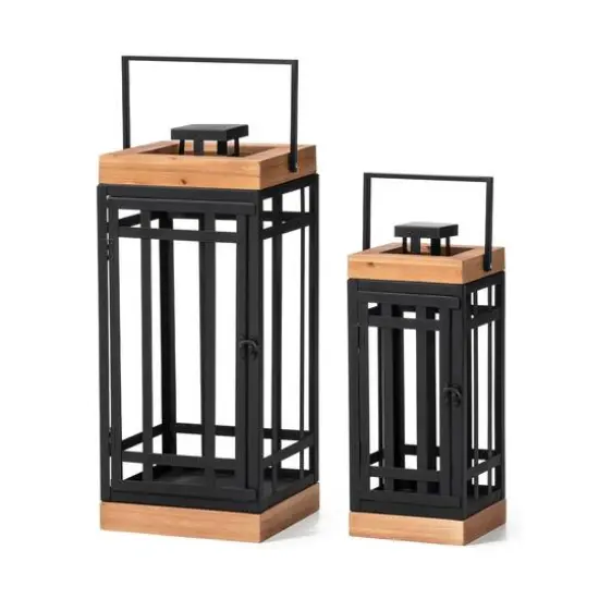 Glitzhome&reg; Black Modern Square Metal & Wood Lanterns Set {1}