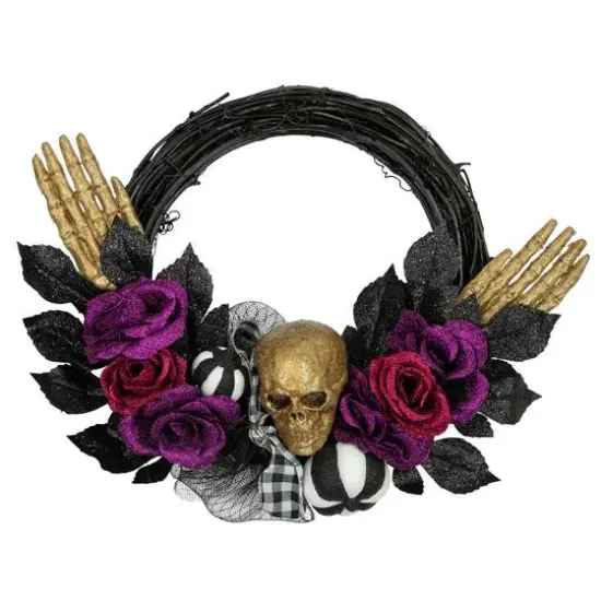 22" Skull with Hands & Purple Roses Halloween Twig Wreath {1}