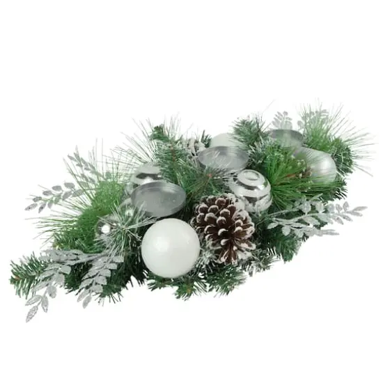 30" Green Pine & Needle Triple Candle Holder with Pinecones & Christmas Ornaments {5}