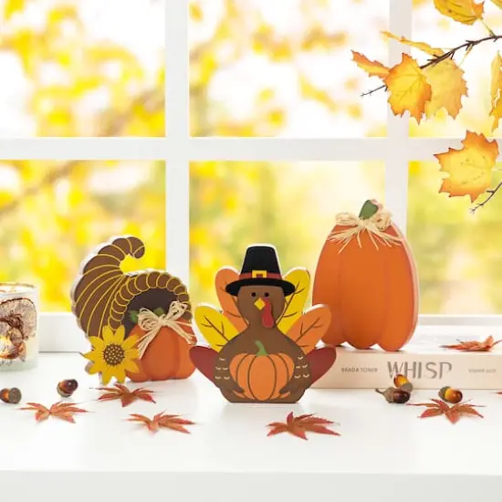 Glitzhome&reg; 7" Thanksgiving Wooden Pumpkin, Turkey & Croissant Table D&eacute;cor Set {3}