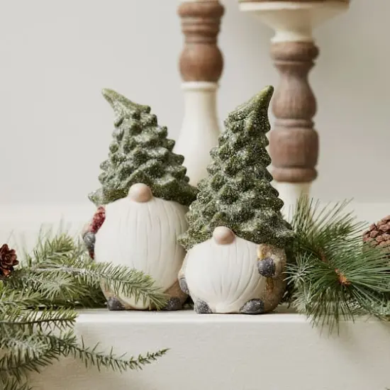 7" Holiday Gnome with Tree Hat Terra Cotta Figurine Set {5}