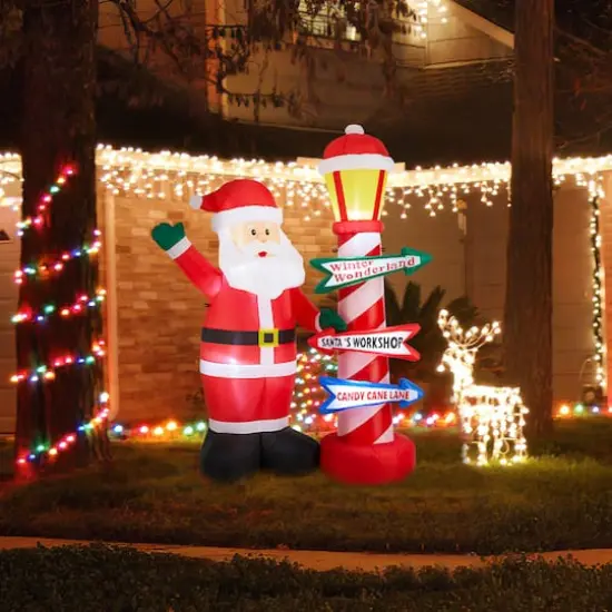Glitzhome&reg; 7FT Lighted Inflatable Santa with Lamp Post Sign Decor {5}