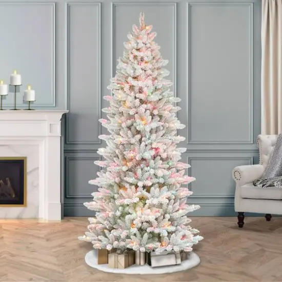 7.5ft Pre-Lit White Slim Fraser Fir Flocked Artificial Christmas Tree, Multicolor Lights {7}