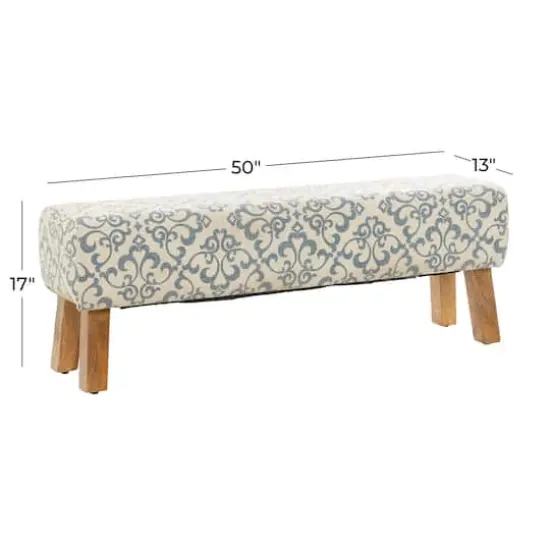 50" Cream Fabric Arabesque Scroll Bench with Wood Legs {7}