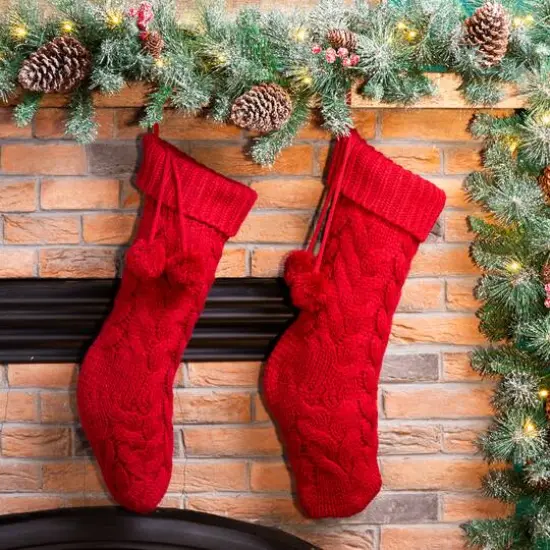 Glitzhome&reg; 24" Red Knitted Polyester Christmas Stocking with Pom Pom, 2ct. {3}