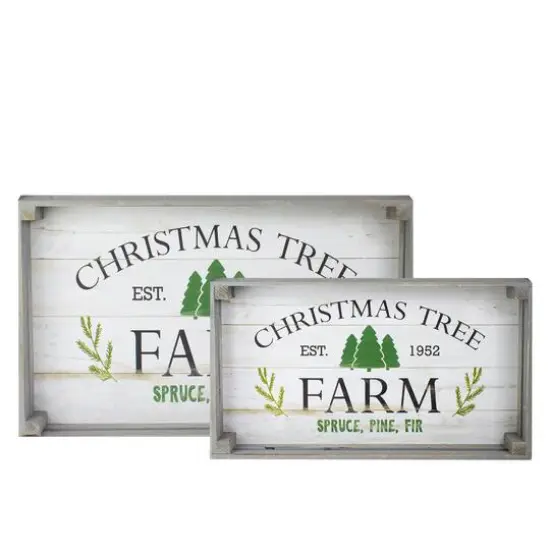 Gray & White Farm Fresh Christmas Trees Wooden Tray Hanging Sign Set {1}