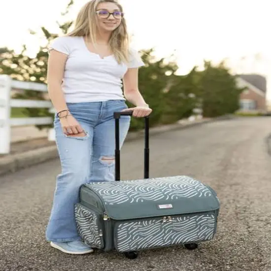 Everything Mary Gray & Pink Abstract 4 Wheel Collapsible Deluxe Sewing Machine Storage Case {5}