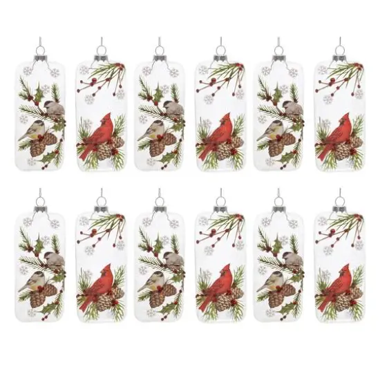 6" Glittered Glass Cardinal & Chickadee Ornaments Set {1}
