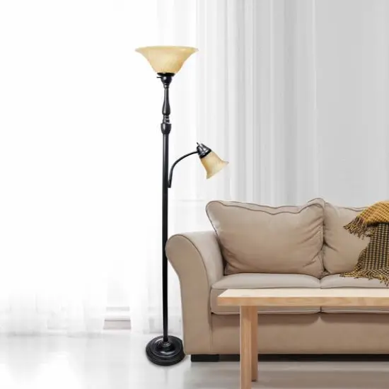 Lalia Home Torchiere Floor Lamp with Reading Light Restoration Bronze/Amber Shades {3}