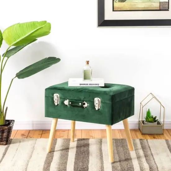 Glitzhome&reg; Velvet Upholstered Storage Stool Hunter Green {3}