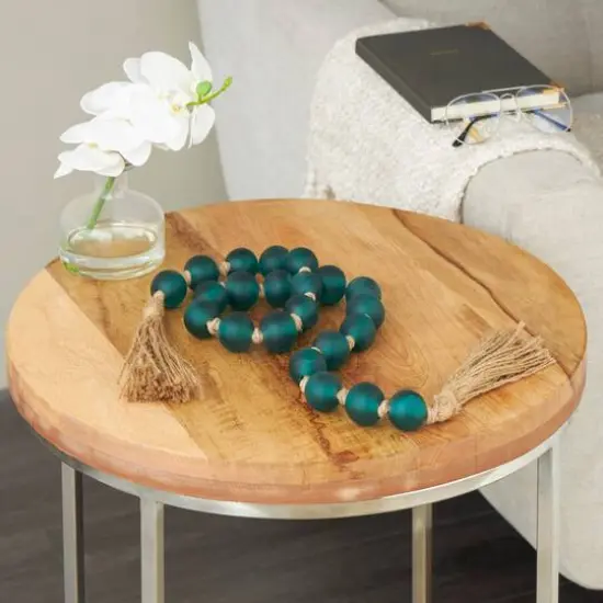 45" Handmade Round Frosted Glass Bead Garland with Tassels & Knotted Jute Dark Teal {11}