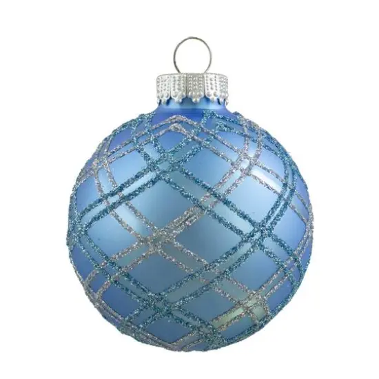 4ct. 2.75" Blue & Silver Plaid Glitter Glass Christmas Ornament Ball Set {4}