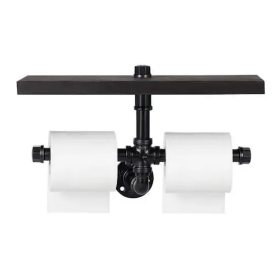 Black Wall Mounted Industrial Dual Toilet Paper Holder with Storage Shelf {1}