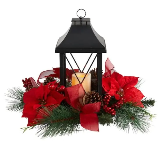15" Red Poinsettia, Pinecone & Greenery Lantern with LED Candle Artificial Christmas Arrangement {1}