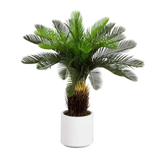 30in. UV Resistant Artificial Cycas Palm Tree in White Decorative Planter (Indoor/Outdoor) {1}