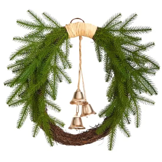 24" Holiday Christmas Pine And Hanging Bells Wreath {1}