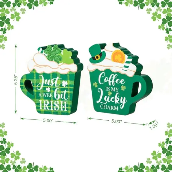 Glitzhome&reg; 5.25" Wooden St. Patrick's Coffee Cup Table D&eacute;cor Set {4}
