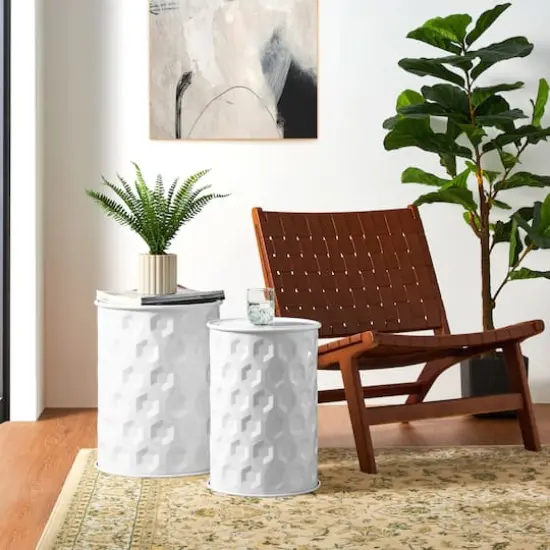Glitzhome&reg; Multifunctional Embossed Honeycomb Texture Metal Garden Stool Set White {6}