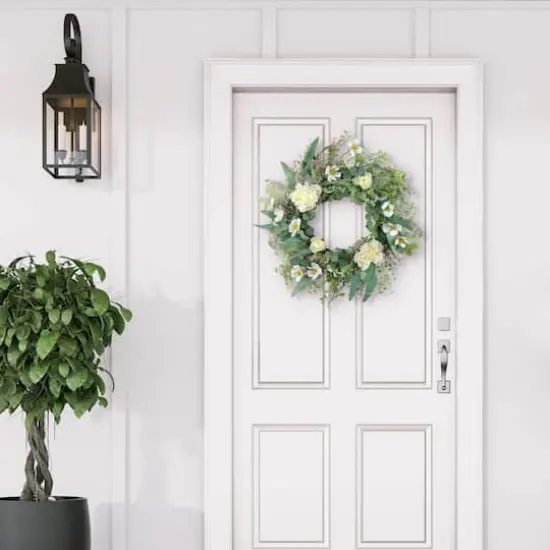 24" White Spring Peony & Dogwood Floral Wreath {6}