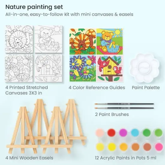 Arteza&reg; Kids Canvas Paint Kit, 4 Mini Canvas- 3 x 3 with Easel, Nature {3}