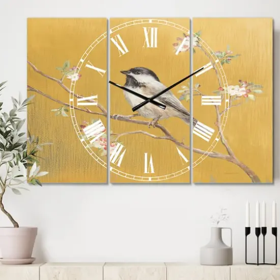Designart 'Gold Bird On Blossoms Iv Farmhouse Multipanel Wall Clock {3}