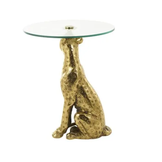 25" Gold Aluminum Leopard Spotted Sitting Accent Table with Glass Tabletop {7}
