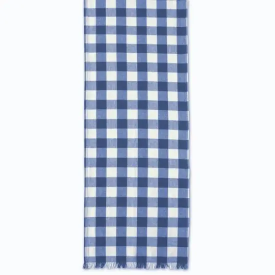 DII&reg; 108" Heavyweight Check Fringed Table Runner Navy {4}