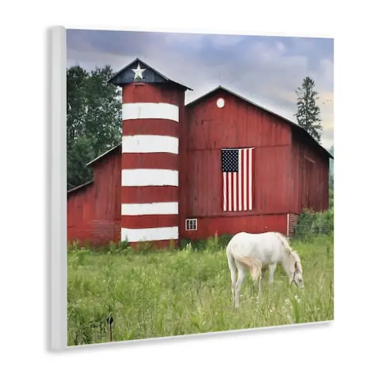Stupell Industries Grazing White Horse Red Americana Barn Flag Wall Plaque Art {4}