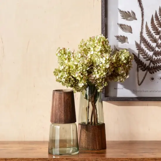 11" Tapered Glass with Wood Accent Vase Set {3}
