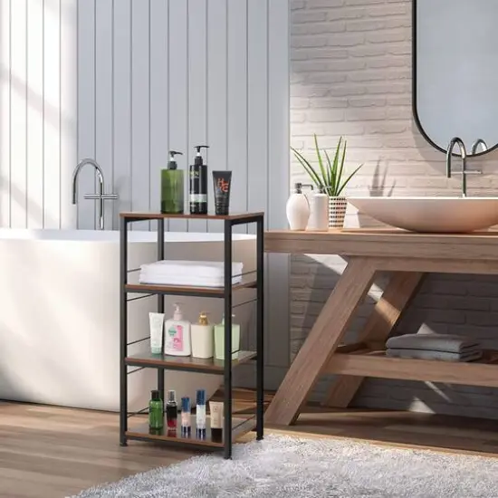 Rustic Brown 4-Tier Utility Cart Rolling Kitchen Storage Cart Wood Top {6}