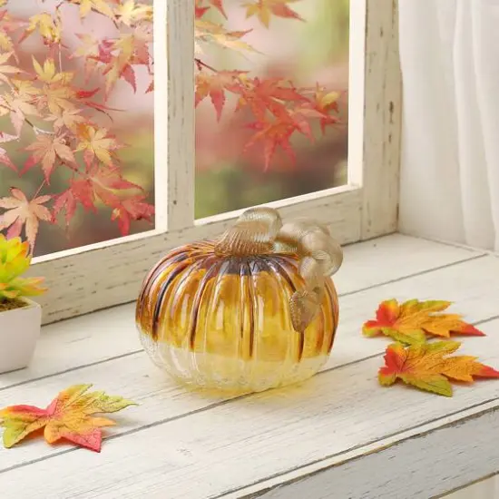 Glitzhome&reg; Crackle Glass Short Pumpkin, Amber {9}