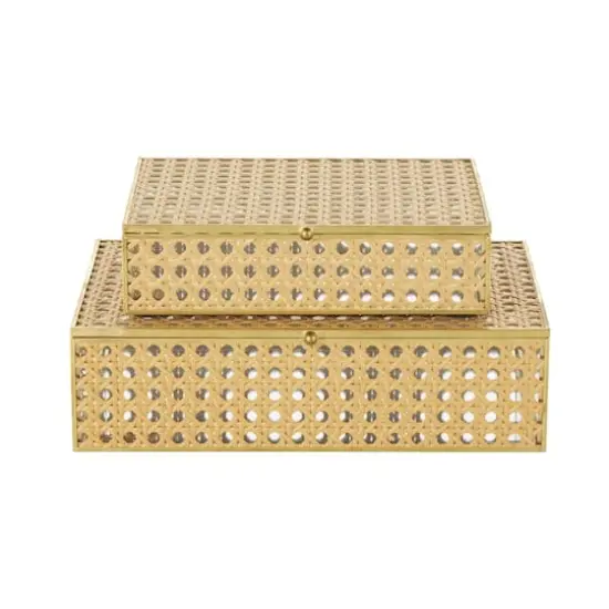 Brown Woven Rattan & Glass Panel Jewelry Box with Chain Accent Set {7}