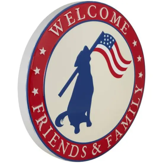 13.75" Welcome Friends & Family Patriotic Dog Metal Wall Sign {5}