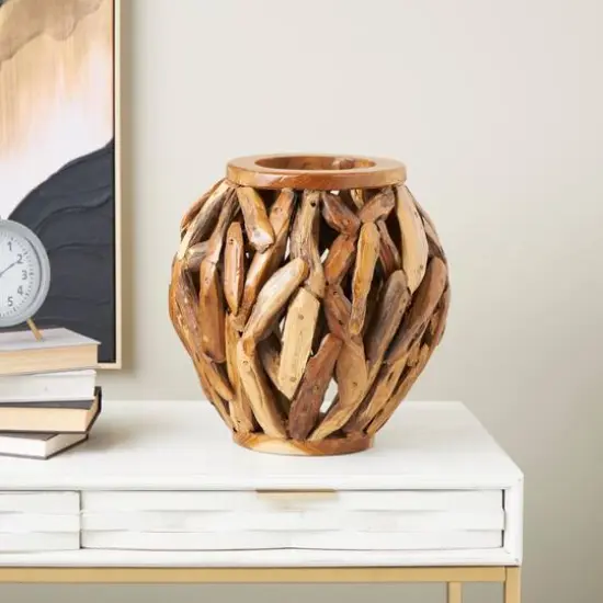 15.5" Brown Teak Wood Handmade Live Edge Tree Branch Vase {3}