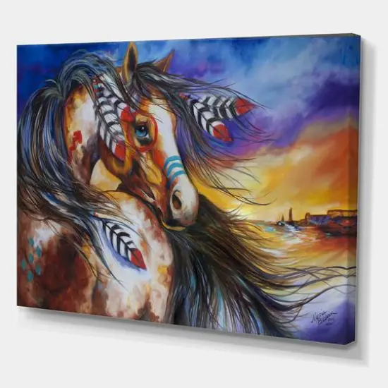 Designart - 5 Feathers Indian War Horse - Cottage Canvas Wall Art {1}
