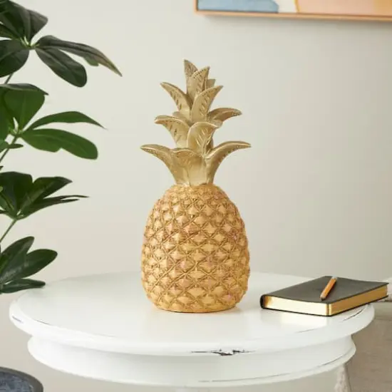 13" Gold Textured Pineapple Fruit Sculpture with Carved Top {3}