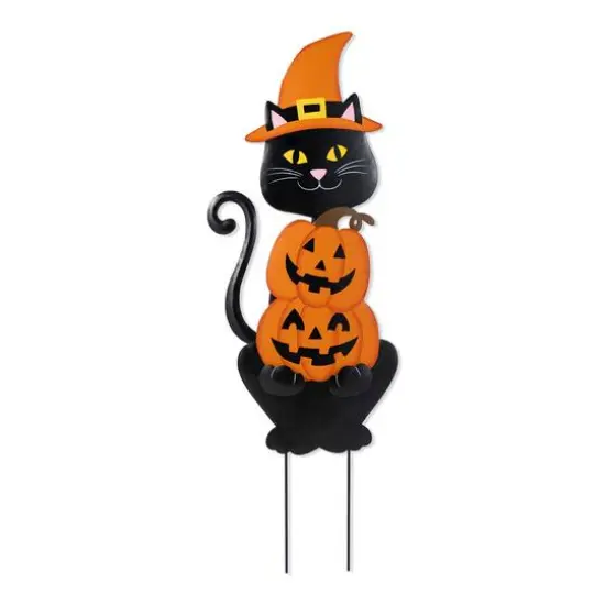 Glitzhome&reg; 36"H Halloween Metal Black Cat with Spring Head and Stacked Pumpkin Yard Stake {1}