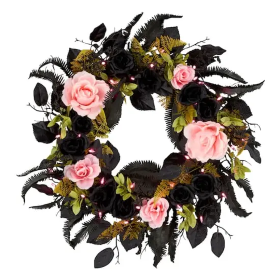 24" Cute & Creepy Black & Pink Flower Halloween Pre-Lit LED Wreath {1}