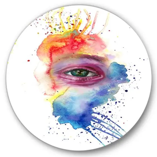 Designart - Detail of Eye In Multi-Colored Face Portrait - Bohemian & Eclectic Metal Circle Wall Art {1}