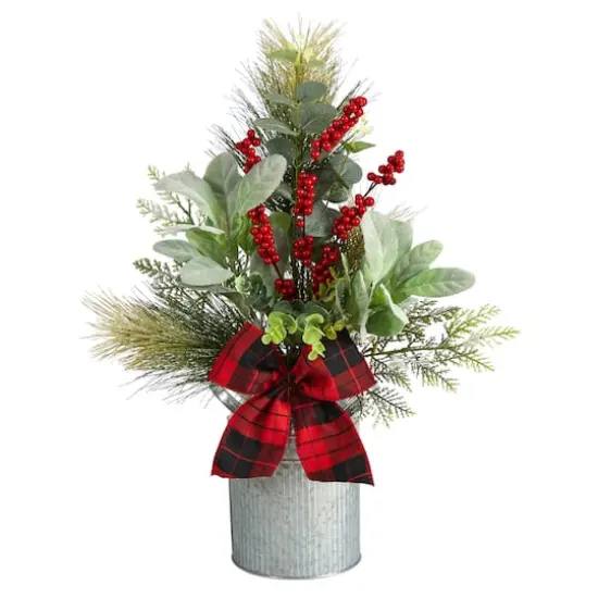 20" Holiday Winter Greenery, Pinecone & Berries with Bow Arrangement {1}