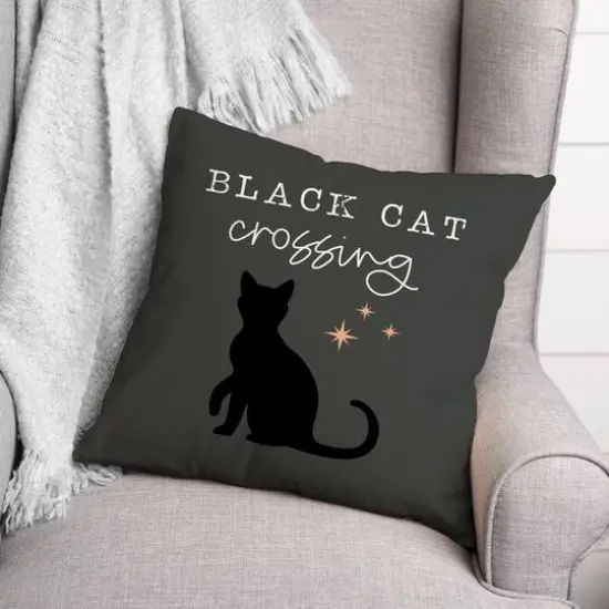 Black Cat Crossing Throw Pillow {3}