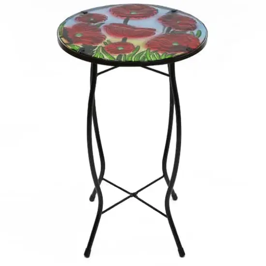 19" Red Floral Poppies Glass Patio Side Table {1}